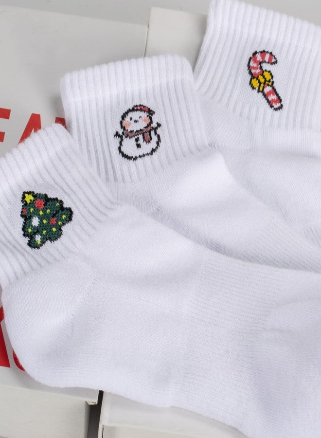 ANT21T Christmas Pattern Crew Socks, White Cotton Blend, 3 Pairs, Antrop (US, Numeric, 9, 11, Regular, Regular, Christmas) - Image 2